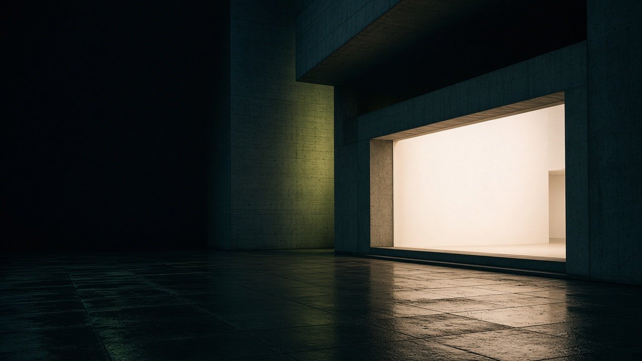 An empty cinema pavilion illuminated against the deep blue evening.